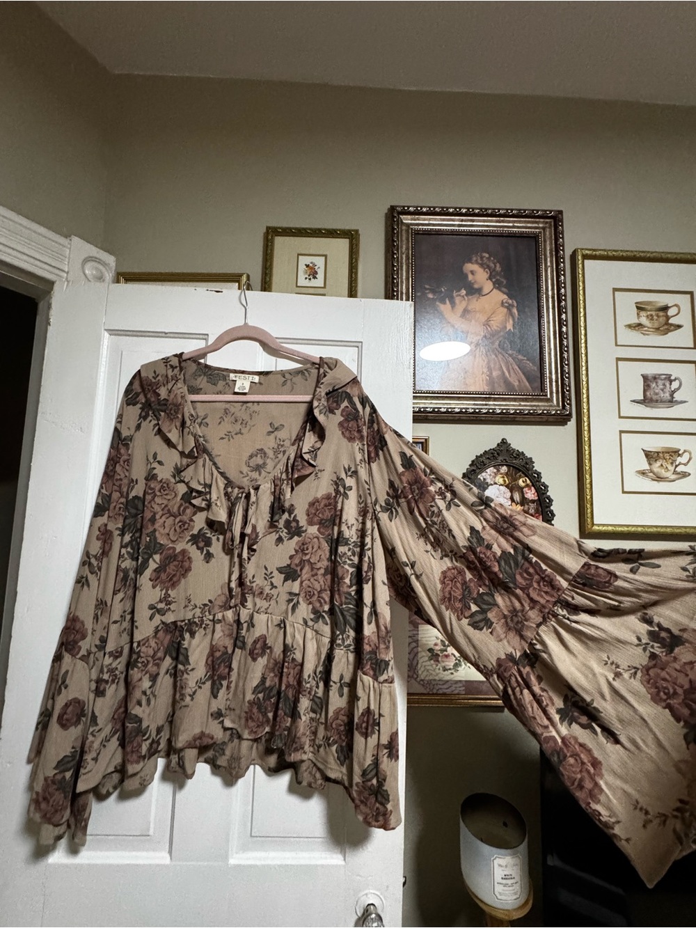 torrid Beige Floral Ruffle V-Neck Bell Sleeve Blouse